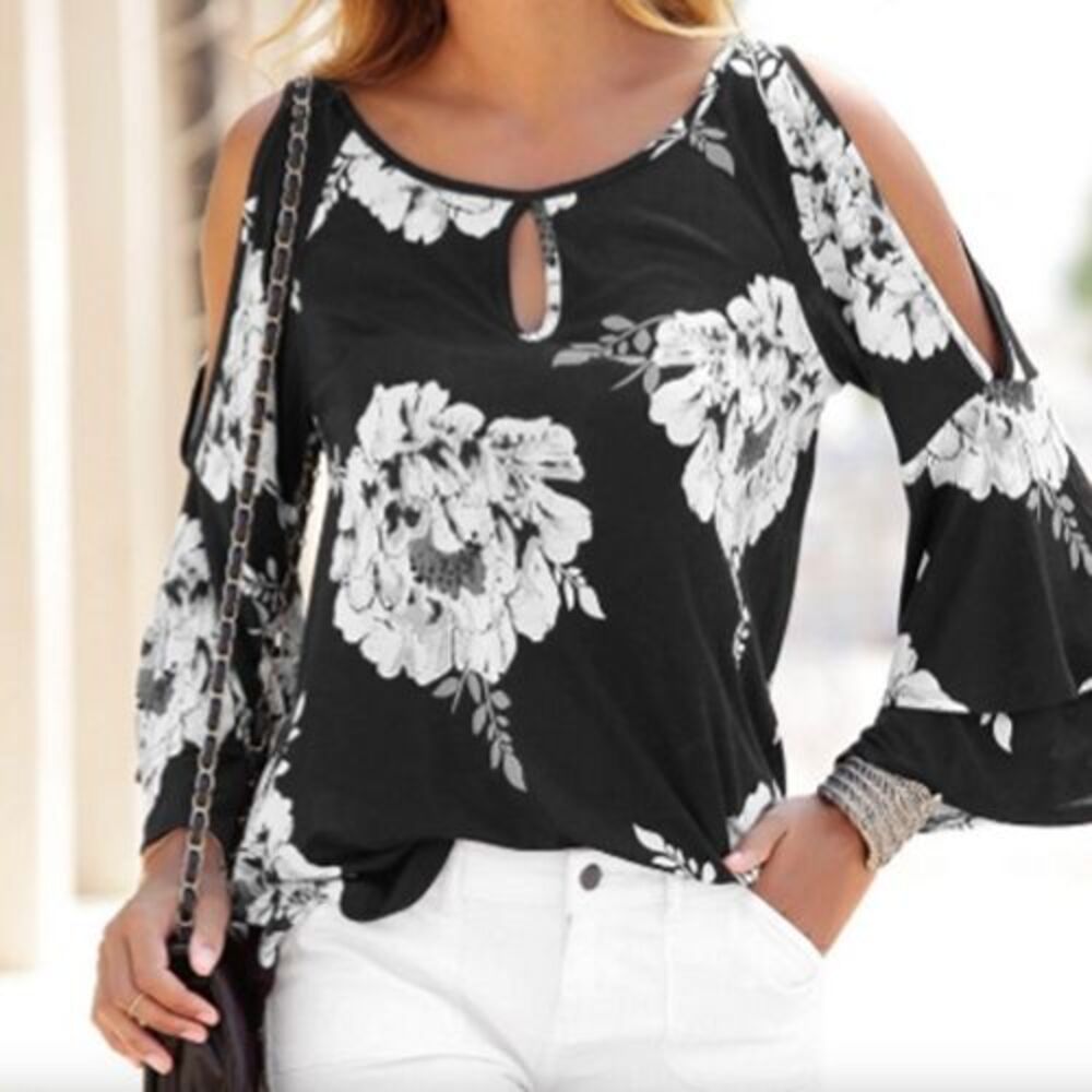 Boho Floral Cold Shoulder Bell Sleeve Blouse L Dark Cottagecore Casual Chic Top
